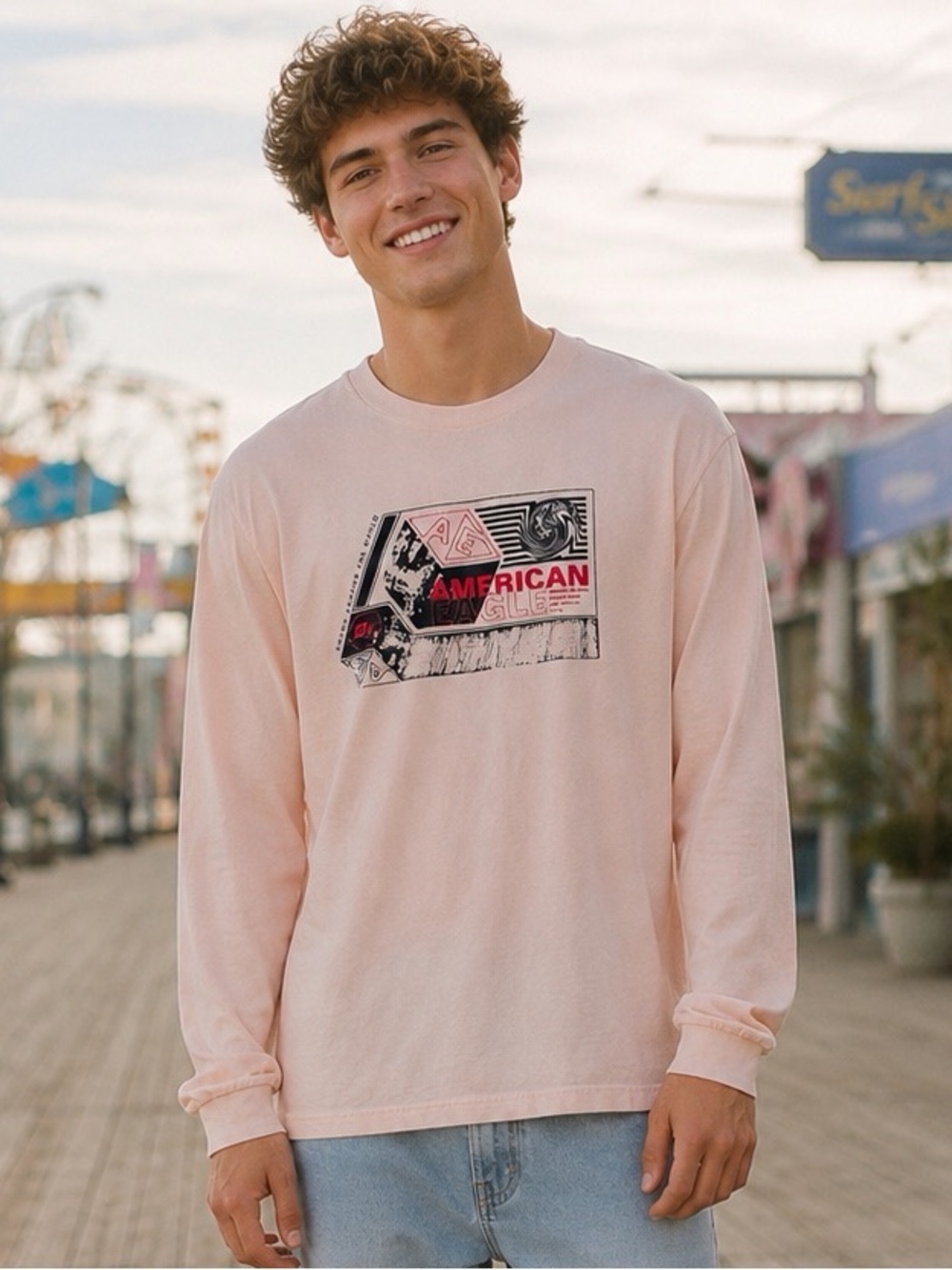 American Eagle Outfitters Light Peach Graphic Long-Sleeve Tee